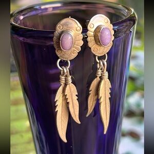 Signed NAKAI Vintage NAVAJO Feather Purple Gemstone Earrings 925 (Charoite?) 2”